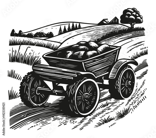 Vintage Linocut of Cart with Potatoes in Scenic Landscape