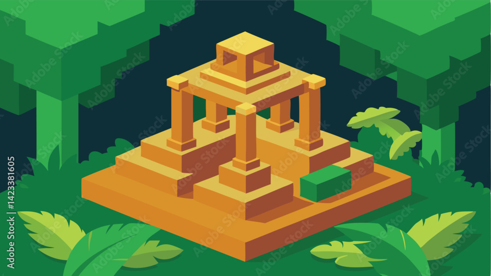 Naklejka premium Temple Ruins In Jungle Built In Isometric Blocks