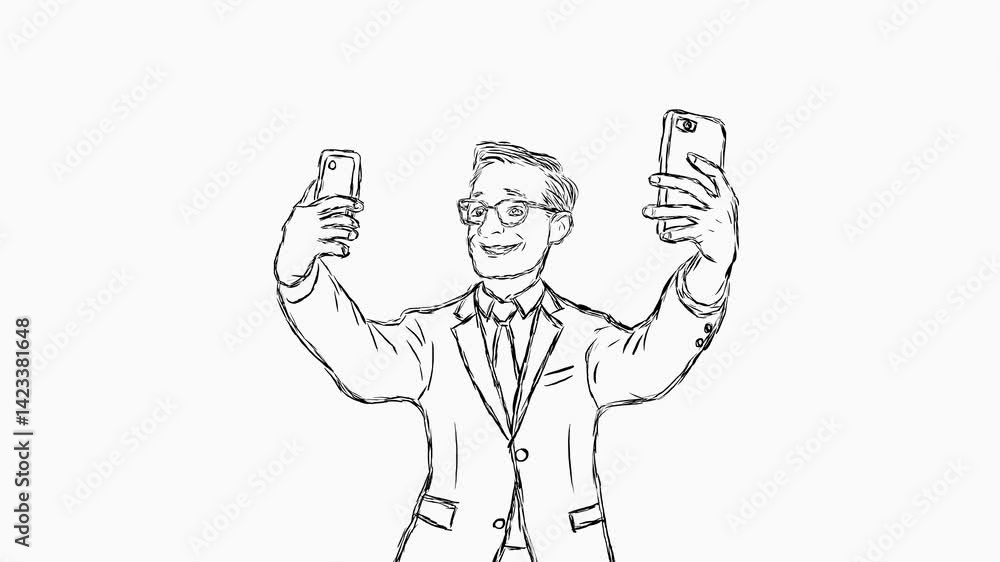 Animated Hand Drawn Businessman with Two Phones Stop Motion on Black Background Animated Hand Drawn Businessman with Two Phones Stop Motion on Black Background