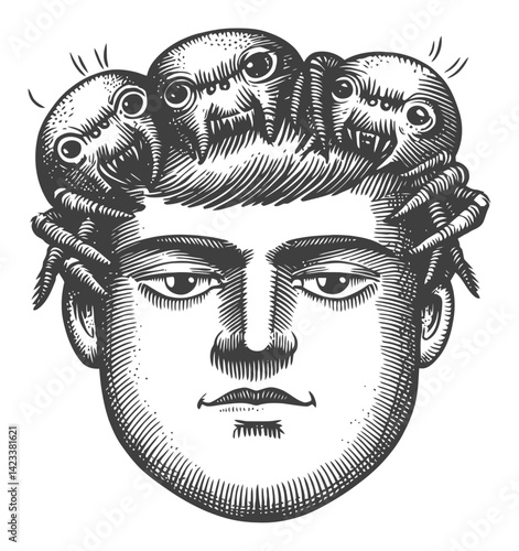 Intricate Linocut Illustration of a Person with Spiders on Head