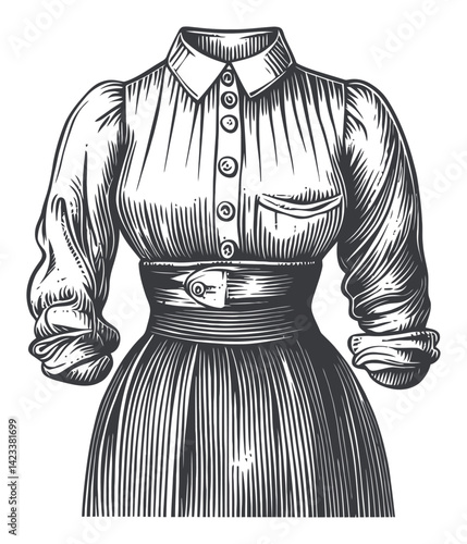 Vintage Linocut Illustration of Classic Women's Blouse Design