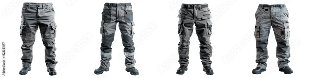 Set of Grey Tactical Construction Work Pants with Multiple Utility Cargo Pockets and Reinforced Knees Isolated on Transparent Background Set of Grey Tactical Construction Work Pants with Multiple Utility Cargo Pockets and Reinforced Knees Isolated on Transparent Background