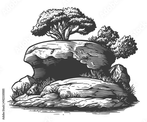Detailed Tree and Rock Linocut Illustration with Textured Elements