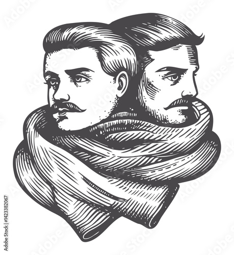 Intricate Vintage Illustration of Two Male Faces in a Scarves Design