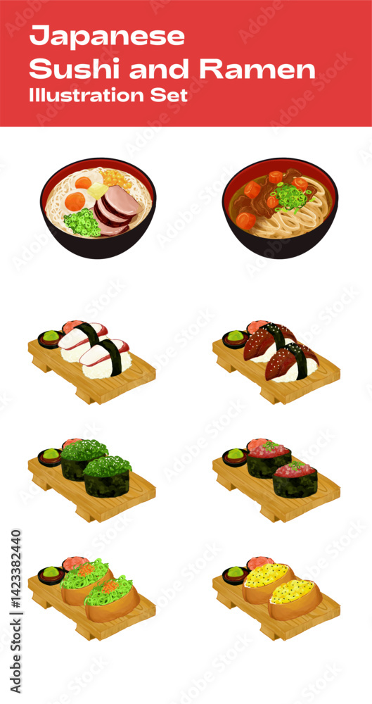 A colorful and tasty illustration of ramen and sushi traditional Japanese food A colorful and tasty illustration of ramen and sushi traditional Japanese food