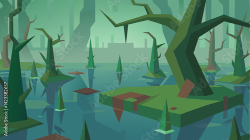 Low Poly Swamp With Blocky Vines And Mist