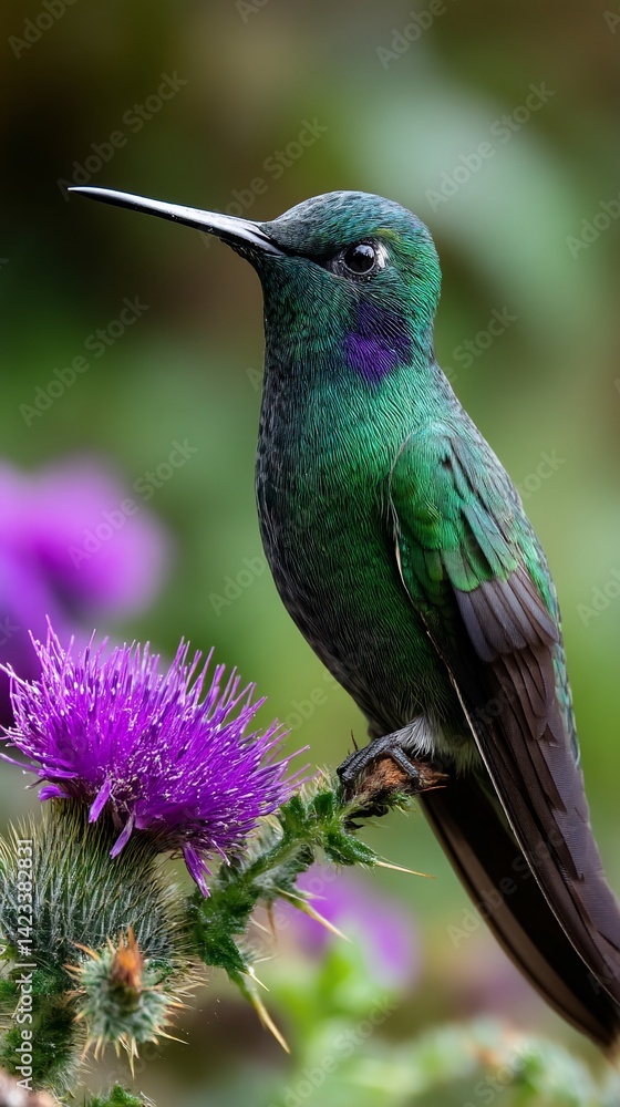 Naklejka premium Close-up of a vibrant hummingbird perched on a purple thistle