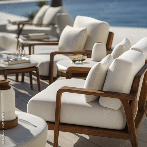 Elegant white outdoor hotel furniture designed for luxury, comfort, and high-end hospitality experiences.