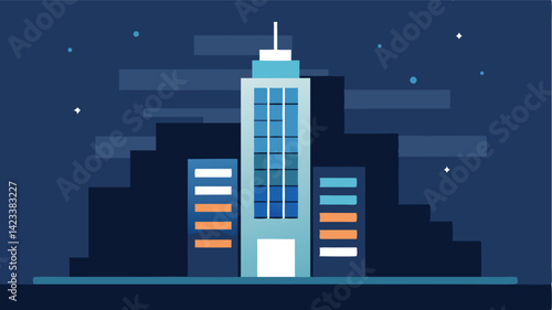 High Rise Office With Night Cityscape In Flat Design