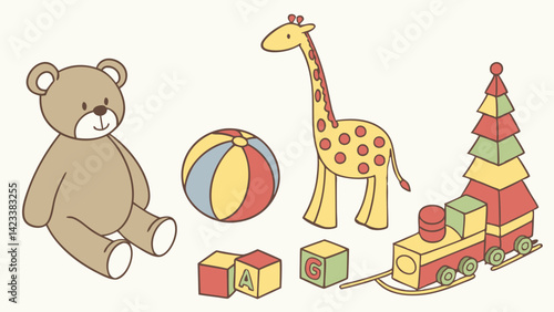 Soft toys and vibrant plastic play items are arranged neatly, featuring a cuddly bear, a giraffe, colorful building blocks, a ball, and a train set, perfect for children’s playtime activities