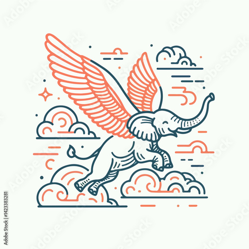 Elephant Soaring: A whimsical illustration of an elephant with wings soaring through fluffy clouds, a symbol of freedom and imagination.