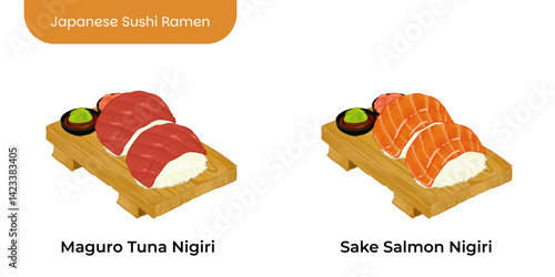 A colorful and tasty illustration of ramen and sushi traditional Japanese food