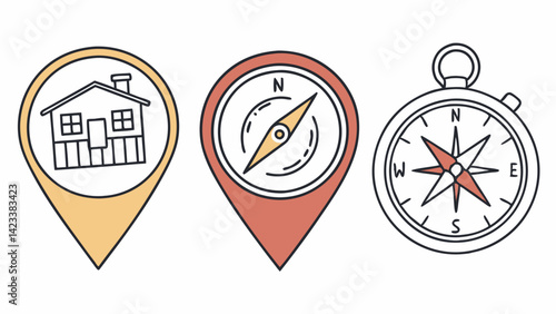 Three colorful map pin location icons depict a house, a compass, and a navigation tool. These designs symbolize exploring new places, finding residences, and navigating adventures effectively