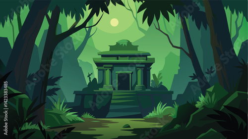 Forgotten Temple With Overgrown Jungle In Eerie Light