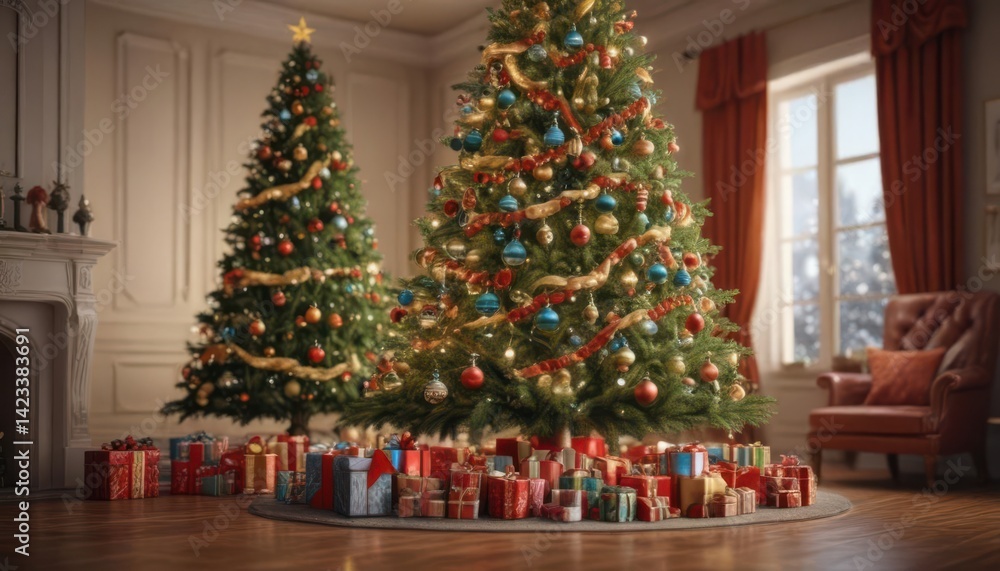 Ornate Christmas tree, vibrant presents overflow nearby , winter wonderland, winter Ornate Christmas tree, vibrant presents overflow nearby , winter wonderland, winter