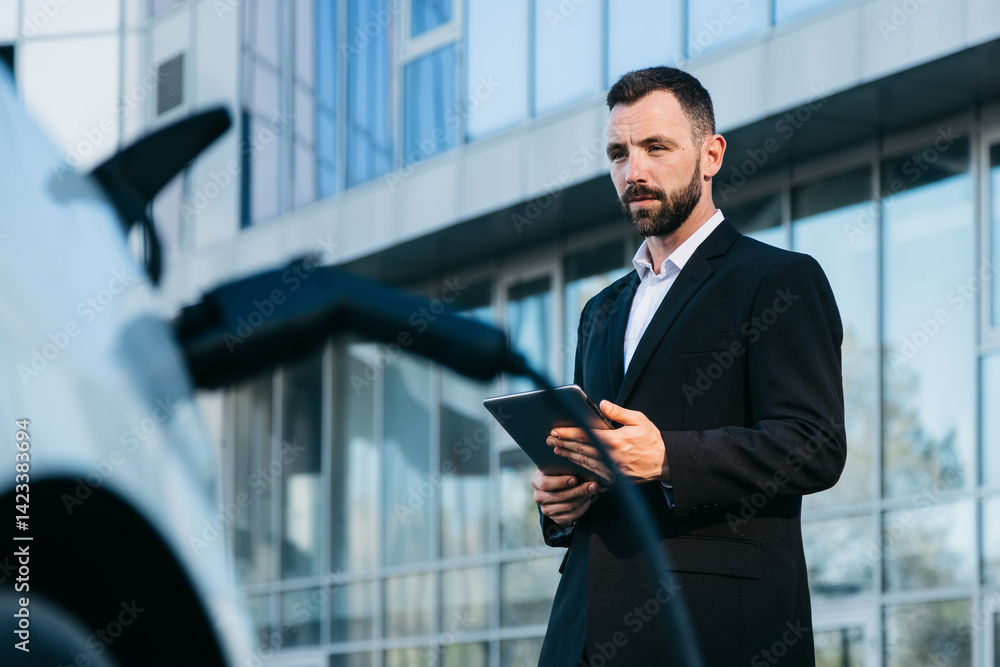 A businessman uses a tablet while charging his car at an electric vehicle charging station. The concept of clean energy and sustainable development, emphasizing the importance of green technology. A businessman uses a tablet while charging his car at an electric vehicle charging station. The concept of clean energy and sustainable development, emphasizing the importance of green technology.