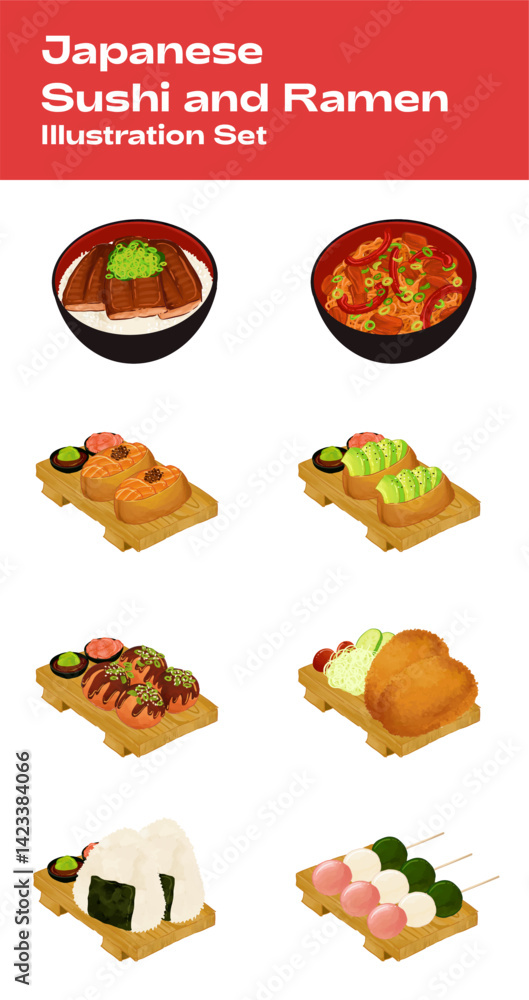 Fototapeta premium A colorful and tasty illustration of ramen and sushi traditional Japanese food