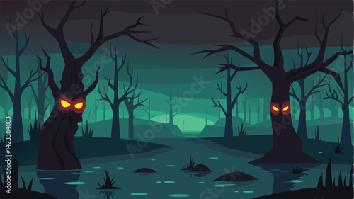 Creepy Swamp With Glowing Eyes And Dead Trees