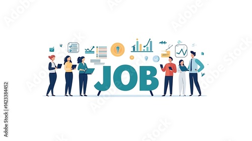 Minimalist vector scene of a digital marketing team standing in front of the word 