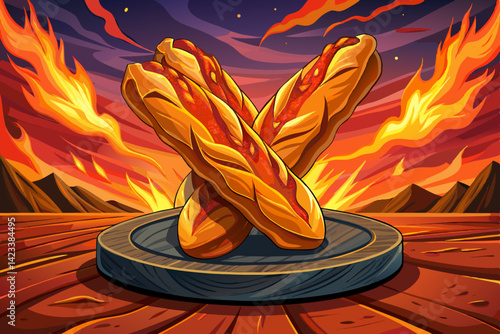 Fresh Baguette bread French on wooden tables at amazing sunset time, freshly baked Baguettes vector illustration