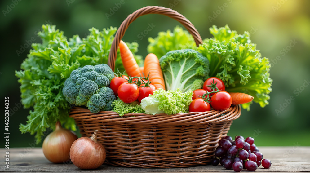 Fototapeta premium A wicker basket filled with fresh vegetables and fruits, including broccoli, carrots, tomatoes, lettuce, grapes, apples, onions, and cabbage