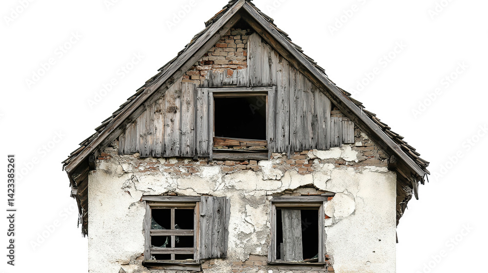 Abandoned old house with broken windows showing ruins of old architecture, isolated on transparent background. PNG