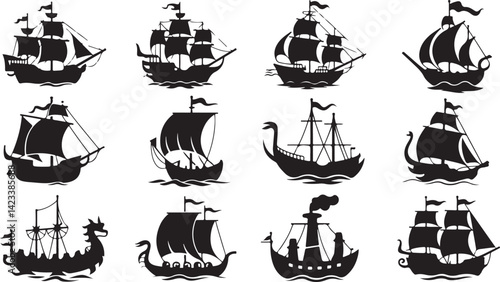 Vector Illustration of Various Ship Designs for Nautical, Marine, and Pirate Themed Art Projects Featuring Different Sailing Ship