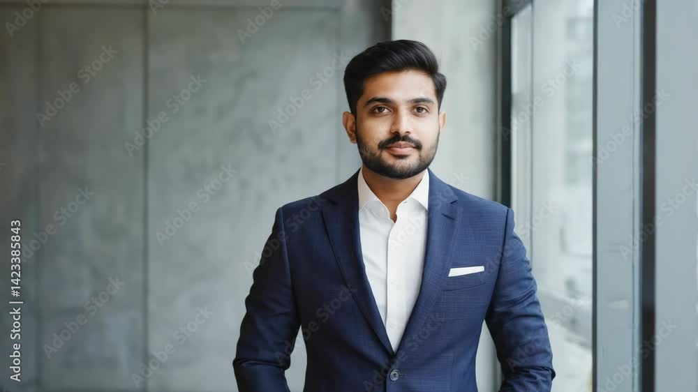 Confident young man in formal attire standing by large window Confident young man in formal attire standing by large window