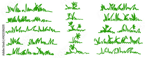 Hand drawn grass vector line natural field silhouette shadow doodle. Blossom silhouette flowers spring illustration in sketchy style isolated on white 