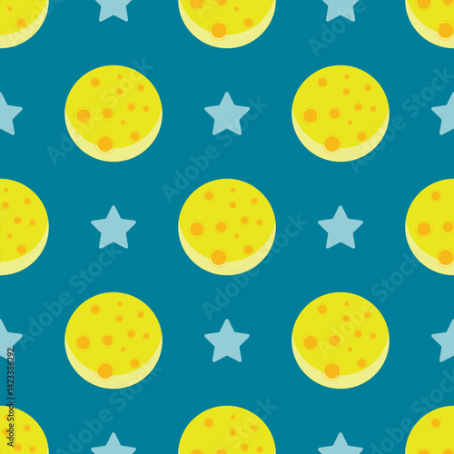 Seamless pattern with vector cartoon moon and star. Background with Moon
