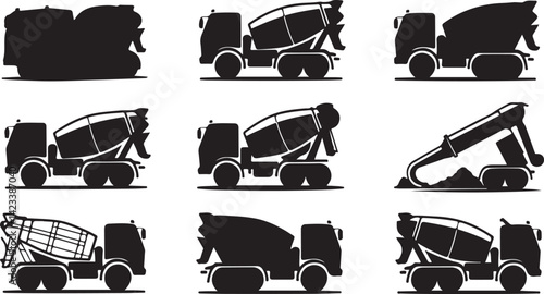 Vector Illustration of Concrete Mixers for Construction, Industrial, and Heavy Equipment Projects Featuring Different Models