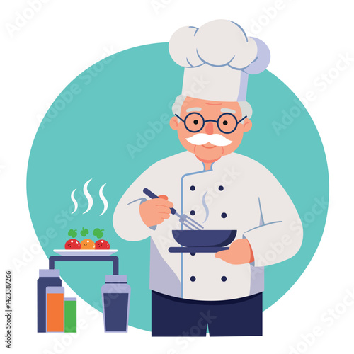 Senior chef illustration shows character cooking food wearing uniform. Happy chef cooks.