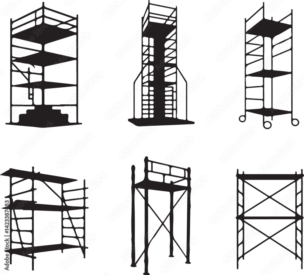 Vector Illustration of Scaffolding Systems for Industrial, Construction, and Building Projects Featuring Various Scaffold Design Vector Illustration of Scaffolding Systems for Industrial, Construction, and Building Projects Featuring Various Scaffold Design