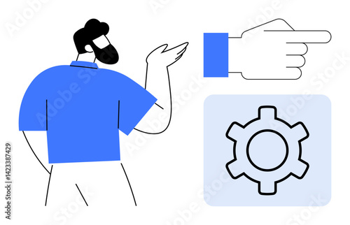 Man gesturing, pointing hand icon, gear symbol in minimalist style. Ideal for guidance, teamwork, workflow, tech setup, learning, operation customer support simple landing page