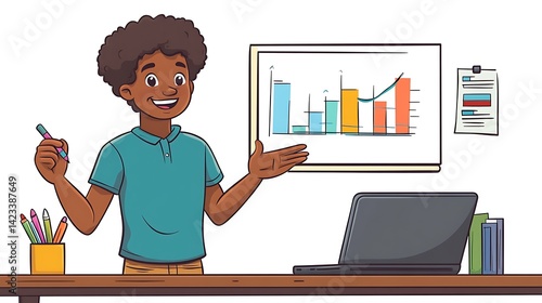 Cartoon teacher character in relaxed attire, pointing at a projected graph with a marker, laptop glowing beside, smiling and speaking to students. White background, clean vector setup.