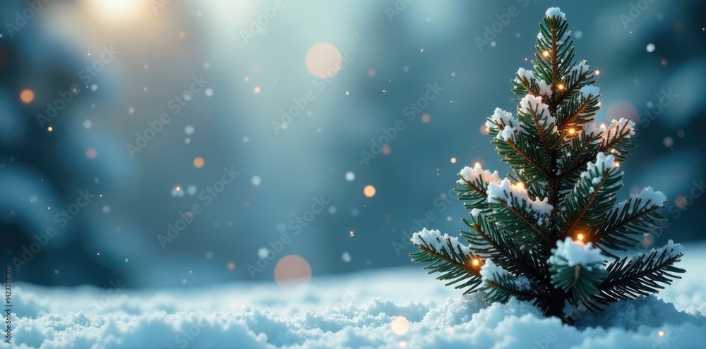 Winter snowflakes falling gently around a festive evergreen tree , forest, snowy Winter snowflakes falling gently around a festive evergreen tree , forest, snowy