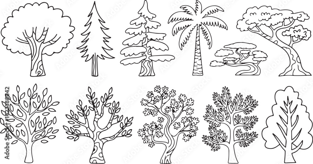 Fototapeta premium Silhouette Vector of Tree Line Drawings for Outdoor, Garden, and Environmental Designs with Various Tree 