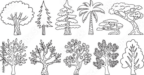 Silhouette Vector of Tree Line Drawings for Outdoor, Garden, and Environmental Designs with Various Tree 