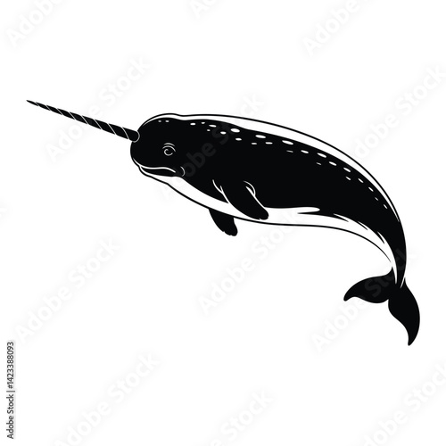 Narwhal with spiral tusk Silhouette, Vector, Icon, Logo, White Background.