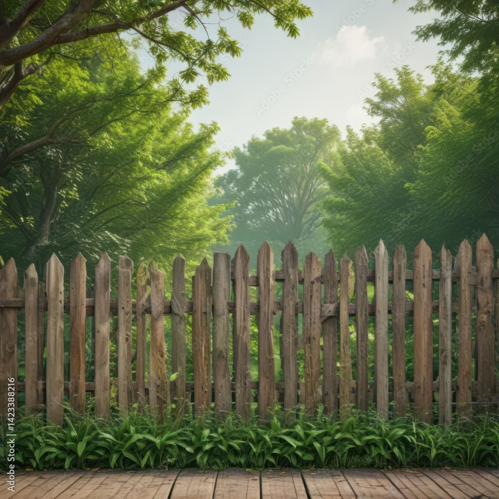 Obraz premium Rustic park fence poster mockup, green background, rural, sunlight