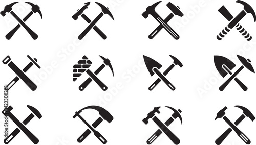 Silhouette Vector of Industrial Tools with Crossed Hammers for Construction, Workshop, and DIY Design Projects and Illustrations