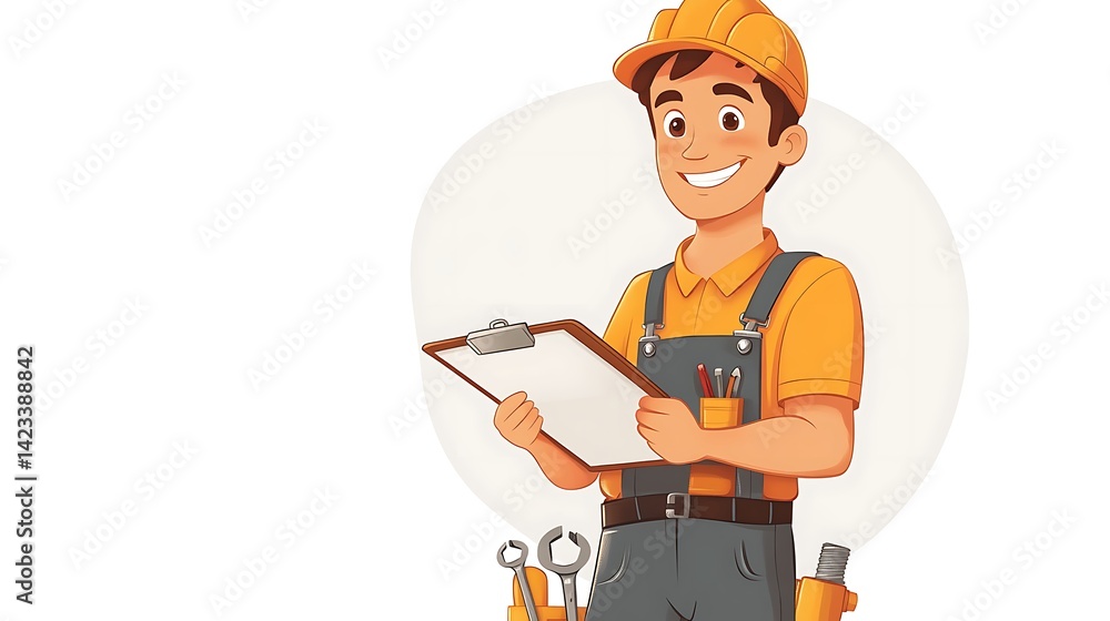 Cartoon vector of smiling mechanic leaning on a car jack, clipboard in hand and wrench hanging from toolbelt, full-body relaxed stance. White background. Created Using: clean cartoon layout,