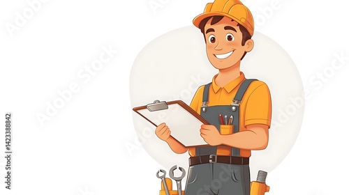 Obraz na płótnie Cartoon vector of smiling mechanic leaning on a car jack, clipboard in hand and wrench hanging from toolbelt, full-body relaxed stance. White background. Created Using: clean cartoon layout, w salonie