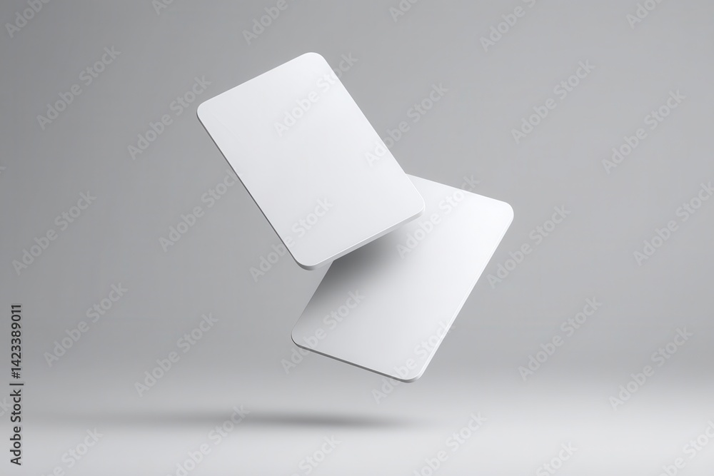 Two Floating Business Cards Mockup: A pristine mockup showcasing two blank business cards levitating gracefully against a neutral gray backdrop. Two Floating Business Cards Mockup: A pristine mockup showcasing two blank business cards levitating gracefully against a neutral gray backdrop.