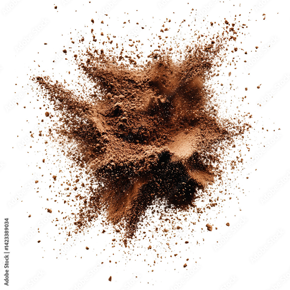 Brown powder explosion cocoa coffee chocolate dust particles burst isolated on black background stock photo on transparent background Brown powder explosion cocoa coffee chocolate dust particles burst isolated on black background stock photo on transparent background