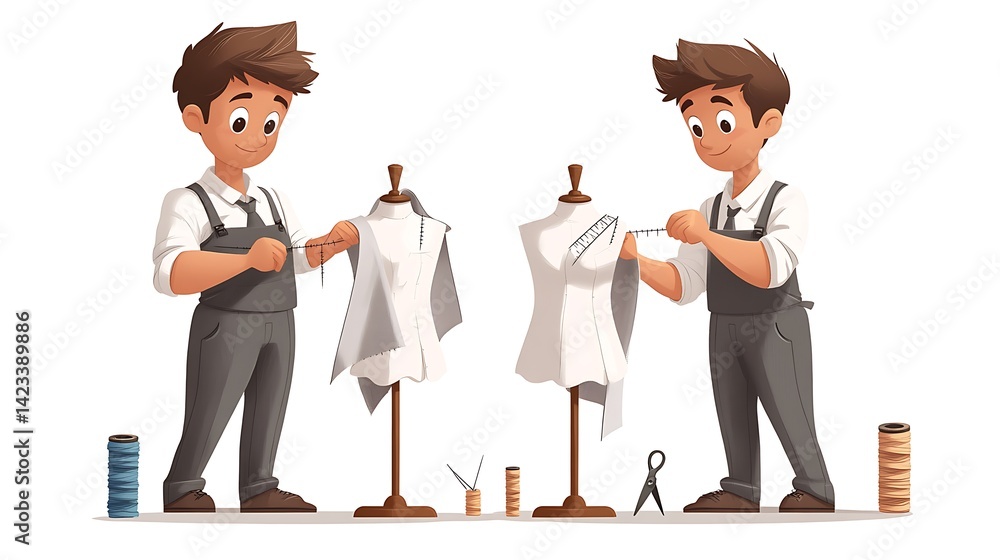 Full-body cartoon tailor character adjusting a mannequin with pinned fabric, tape draped around neck, focused expression, scissors and spools at feet. White background.