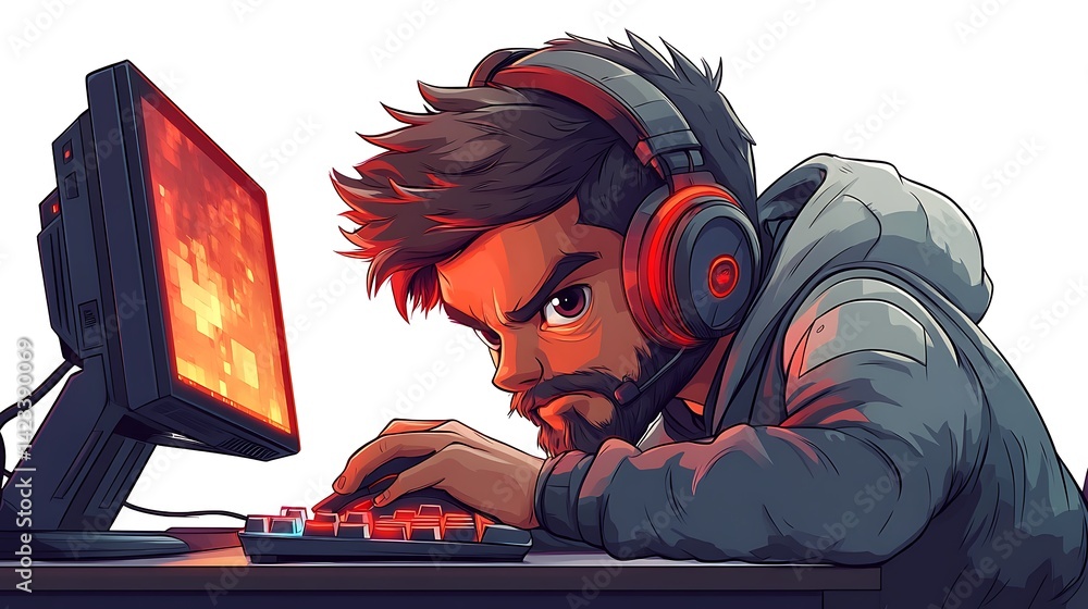 Gamer/streamer cartoon character with big headphones, leaning forward on gaming desk with mouse and keyboard, intensely focused face, RGB lights on background equipment. White background,