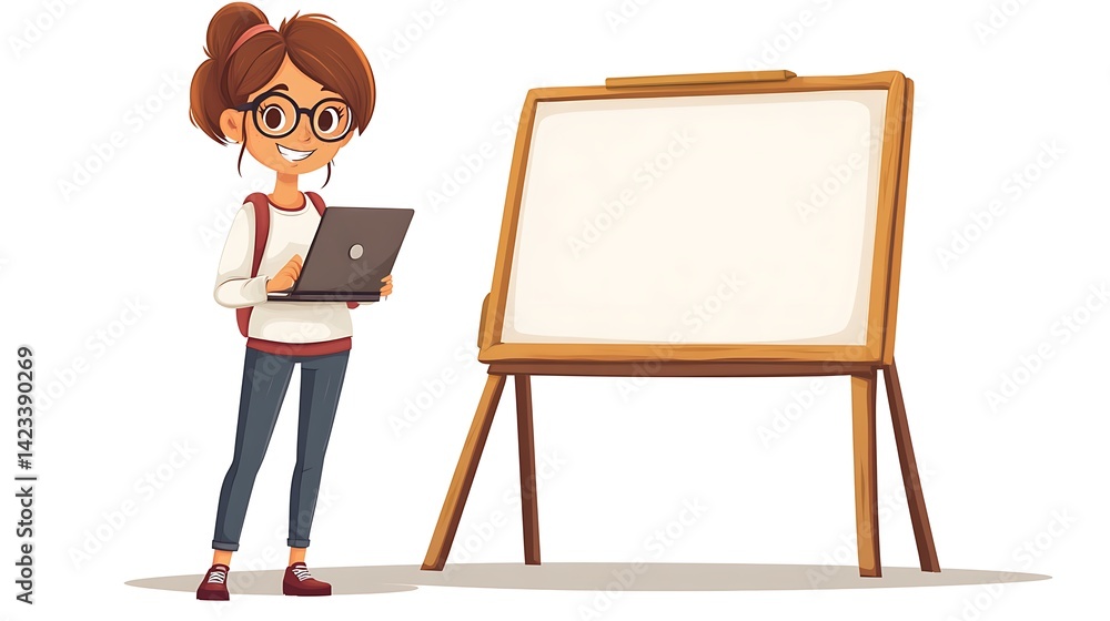 Teacher in casual clothes with glasses, holding a laptop in one hand and writing on a digital whiteboard with the other, showing engaged expression. Cartoon vector, white background.