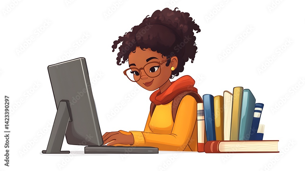 Vector cartoon illustration of a librarian at a desktop computer, adjusting glasses and typing while surrounded by books, calm and engaged expression. White background, detailed vector setup.