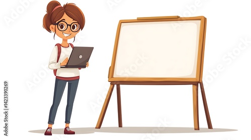 Obraz na płótnie Teacher in casual clothes with glasses, holding a laptop in one hand and writing on a digital whiteboard with the other, showing engaged expression. Cartoon vector, white background. w salonie